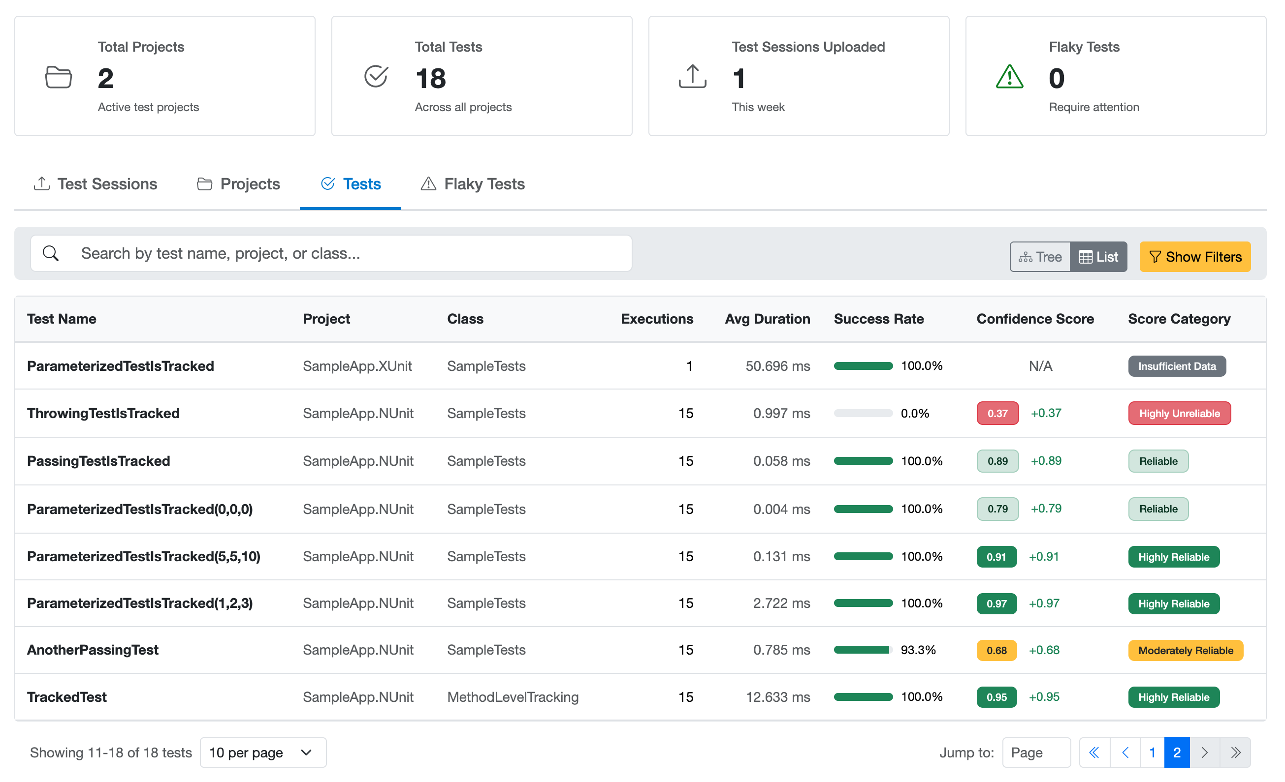 Xping Dashboard - Tests View